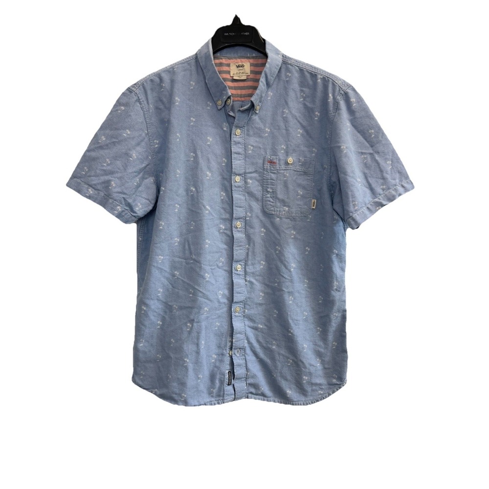 Vans Shirt Men Large Blue Palm Tree Off the Wall Pocket Short Sleeve Button Down